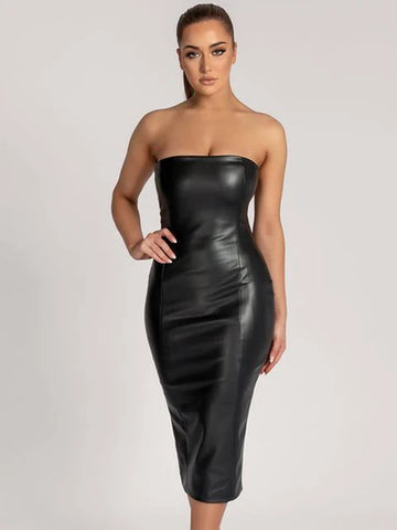 Pu Faux Leather Women Midi Party Dress Women Backless Sexy Hot Clubwear Skinny Slim Solid Fashion Elegant Bodycon Dresses