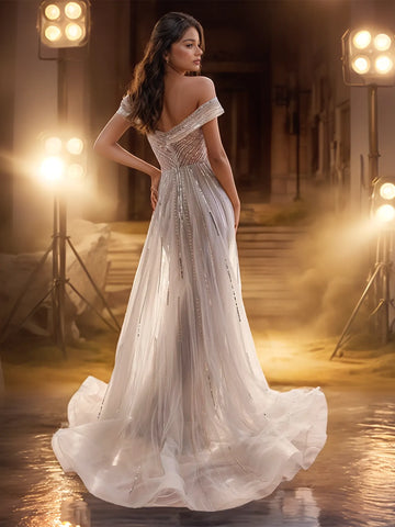 Schulterfreies Luxus-Abendkleid aus Dubai mit Kristallen und tiefer Taille