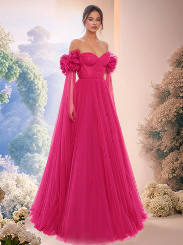 Schulterfreies Ballkleid mit 3D-Rosen und langen Ärmeln