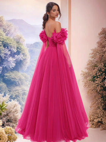 Schulterfreies Ballkleid mit 3D-Rosen und langen Ärmeln