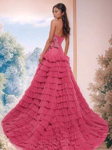 3D Rose Waist Strapless Tiered Ball Gown Evening Dress