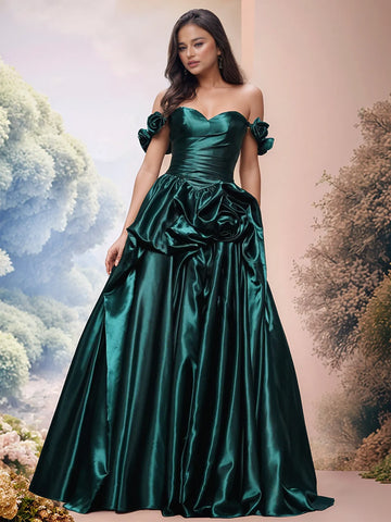 Schulterfreies Ballkleid aus Satin mit 3D-Rosenmotiv