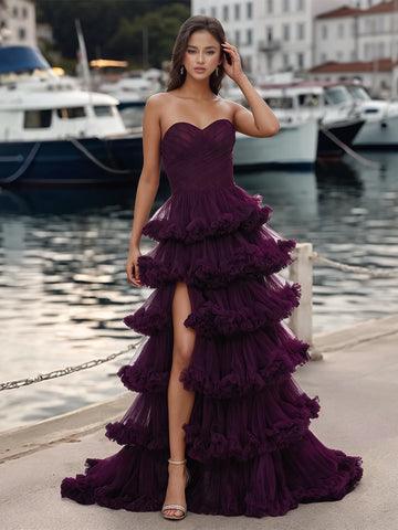 Pleated Sheer Corset Top Strapless Tiered Layered Ball Gown Prom Dress