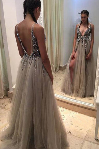 Grey Deep V-neck Backless Split Beaded Prom Dress with Sweep Train