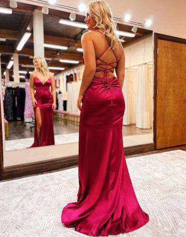 Mermaid Spaghetti Straps Satin Prom Dress with Slit
