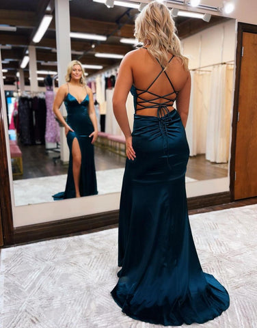 Mermaid Spaghetti Straps Satin Prom Dress with Slit