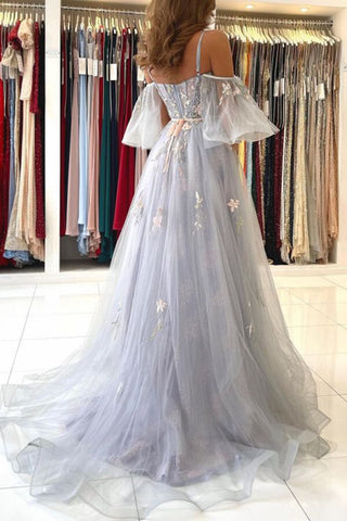 Elegant Blue Tulle A-line Off Shoulder Floral Prom Dresses, Evening Gown