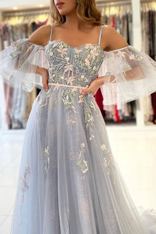 Elegant Blue Tulle A-line Off Shoulder Floral Prom Dresses, Evening Gown