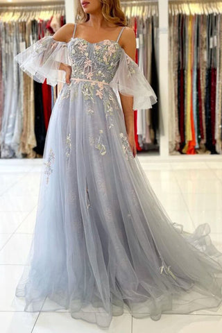 Elegant Blue Tulle A-line Off Shoulder Floral Prom Dresses, Evening Gown