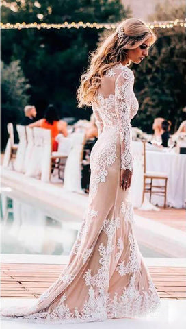 Elegante Boho Spitze Meerjungfrau Langarm Brautkleider, Brautkleid