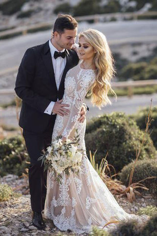 Elegante Boho Spitze Meerjungfrau Langarm Brautkleider, Brautkleid