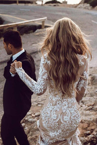 Elegante Boho Spitze Meerjungfrau Langarm Brautkleider, Brautkleid