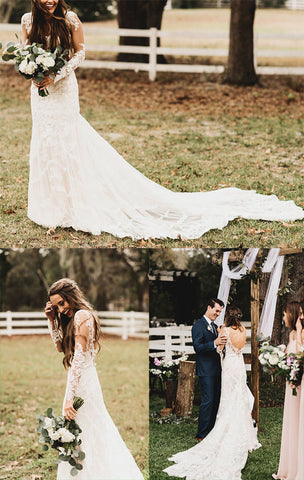 Elegant Mermaid Wedding Dresses Long Sleeves V-neck Lace Bridal Gowns