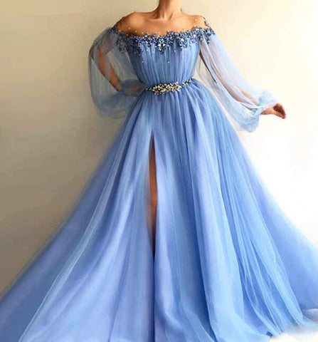 Elegant Off the Shoulder Blue Long Sleeves Beaded Side Slit Prom Dresses