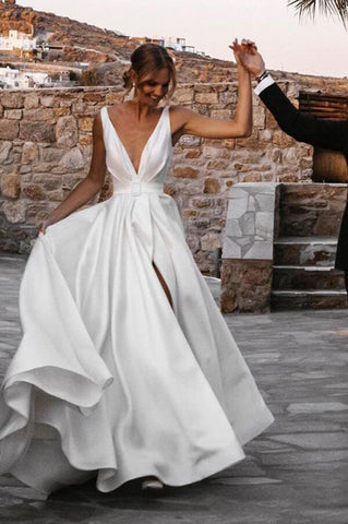 Elegant Satin A-line V-neck Sweep Train Wedding Dresses, Bridal Gown