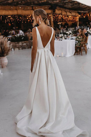 Elegant Satin A-line V-neck Sweep Train Wedding Dresses, Bridal Gown