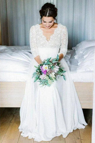 Elegant See Through 3/4 Sleeve Backless Lace and Chiffon Rustic Wedding Dress