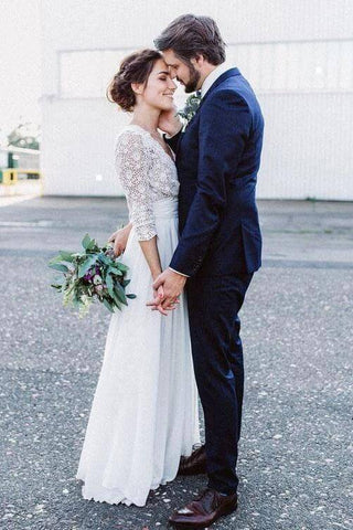 Elegant See Through 3/4 Sleeve Backless Lace and Chiffon Rustic Wedding Dress