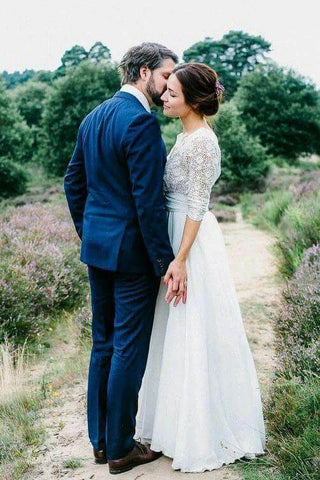 Elegant See Through 3/4 Sleeve Backless Lace and Chiffon Rustic Wedding Dress