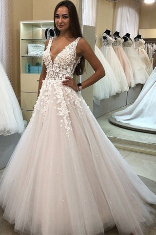 Elegant Tulle A-line V-neck Wedding Dresses with Appliques, Bridal Gown