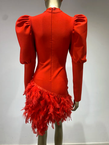 Women Celebrity Sexy Long Sleeve Feather Diamonds Black Red Mini Bodycon Bandage Dress Elegant Evening Club Party Dress