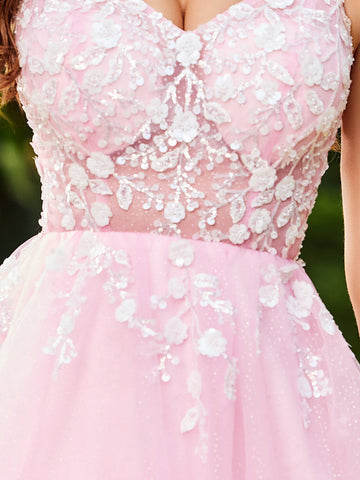 3D Floral Embroidery Illusion Bandage Ruffle Prom Dress