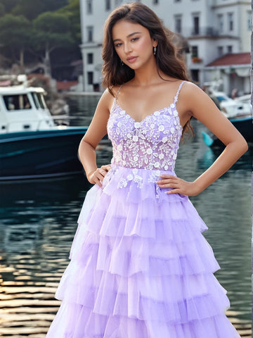 Lace Embroidery Spaghetti Strap Tulle Ruffle Ball Gown Prom Dress