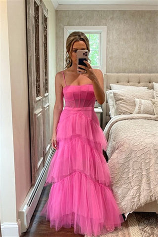 Hot Pink Tiered Tulle Prom Dress