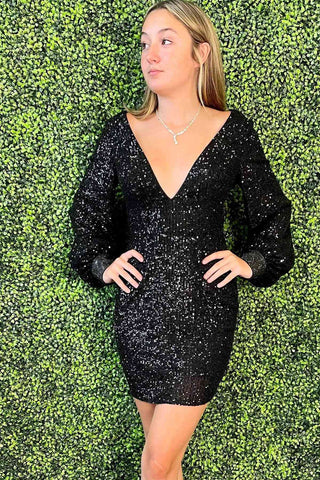 Sheath V-Neck Long Sleeves Sequins Homecoming Dress