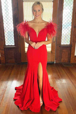 Langes rotes Partykleid mit tiefem V-Ausschnitt und freier Schulter und Federn