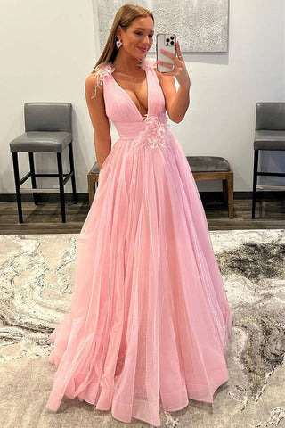 Rückenfreies, langes, formelles Kleid aus Tüll mit tiefem V-Ausschnitt und Federn in Rosa