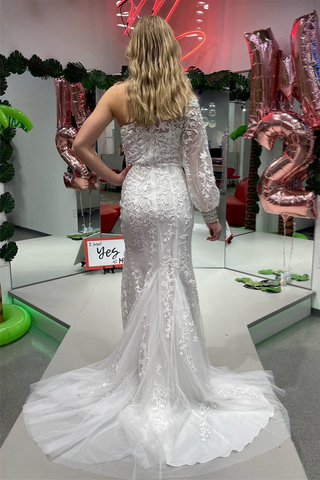 Meerjungfrau One-Shoulder Langarm-Ballkleid aus Spitze