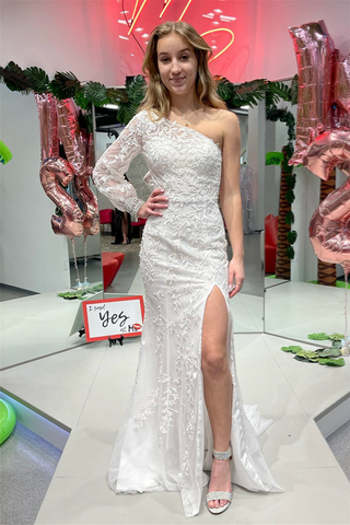 Meerjungfrau One-Shoulder Langarm-Ballkleid aus Spitze