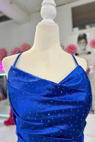Cowl Neck Rhinestones Long Prom Dress with Feather-Trimmed Slit