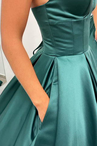 A-line Hunter Green V-Neck Satin Long Prom Dress