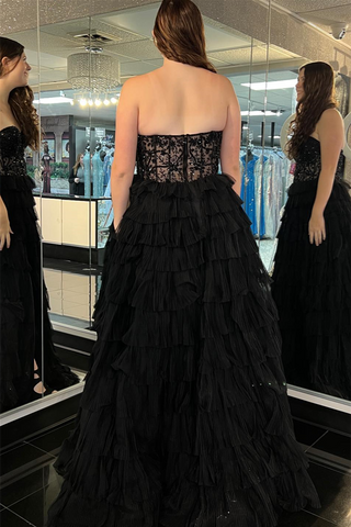 A-line Strapless Tulle Long Prom Dress with Slit