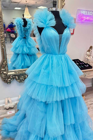 Light Blue Ruffle Straps A-Line Tiered Prom Dress