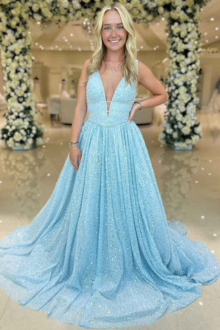 A-Linien-Ballkleid mit tiefem V-Ausschnitt und Pailletten