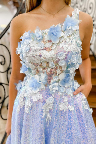 One Shoulder 3D Flowers Sequin Long Formal Dress
