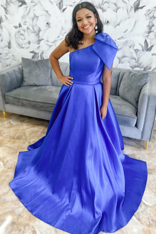 One Shoulder Bow Tie Satin Prom Dress with Pockets