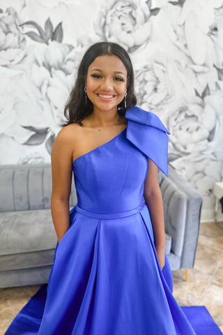 One Shoulder Bow Tie Satin Prom Dress with Pockets