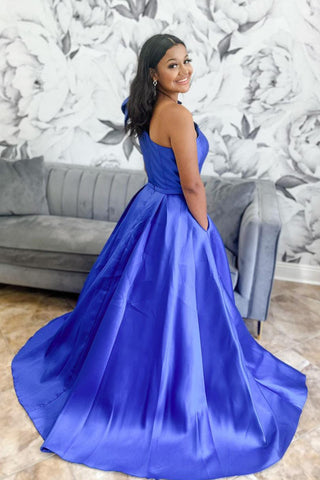 One Shoulder Bow Tie Satin Prom Dress with Pockets