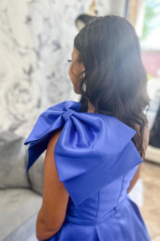One Shoulder Bow Tie Satin Prom Dress with Pockets