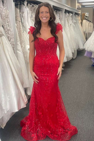 Ruffle Straps 3D Flower Mermaid Long Prom Dress