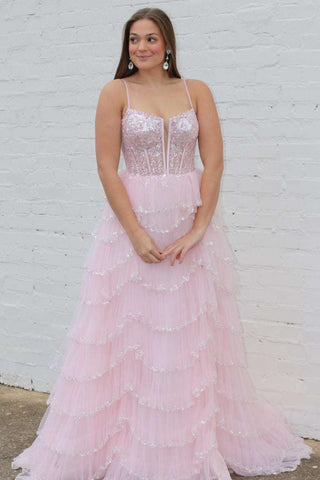 Straps Plunging Neck Pink Sequin Tiered Prom Gown