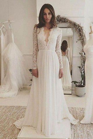 Fabulous Ivory Lace Chiffon Long Sleeves Backless V-Neck Wedding Dresses