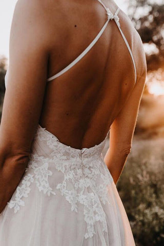 Tulle A-line Backless V-neck Appliqued Wedding Dress, Birdal Gown
