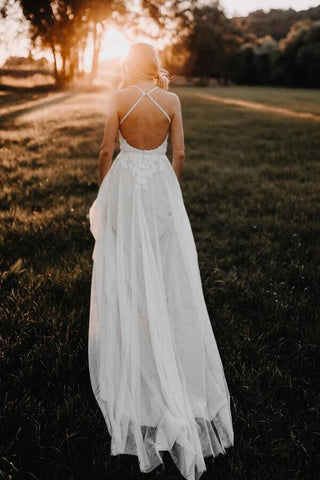 Tulle A-line Backless V-neck Appliqued Wedding Dress, Birdal Gown