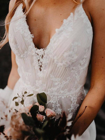 Tulle A-line Backless V-neck Appliqued Wedding Dress, Birdal Gown