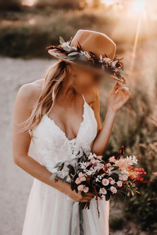 Tulle A-line Backless V-neck Appliqued Wedding Dress, Birdal Gown